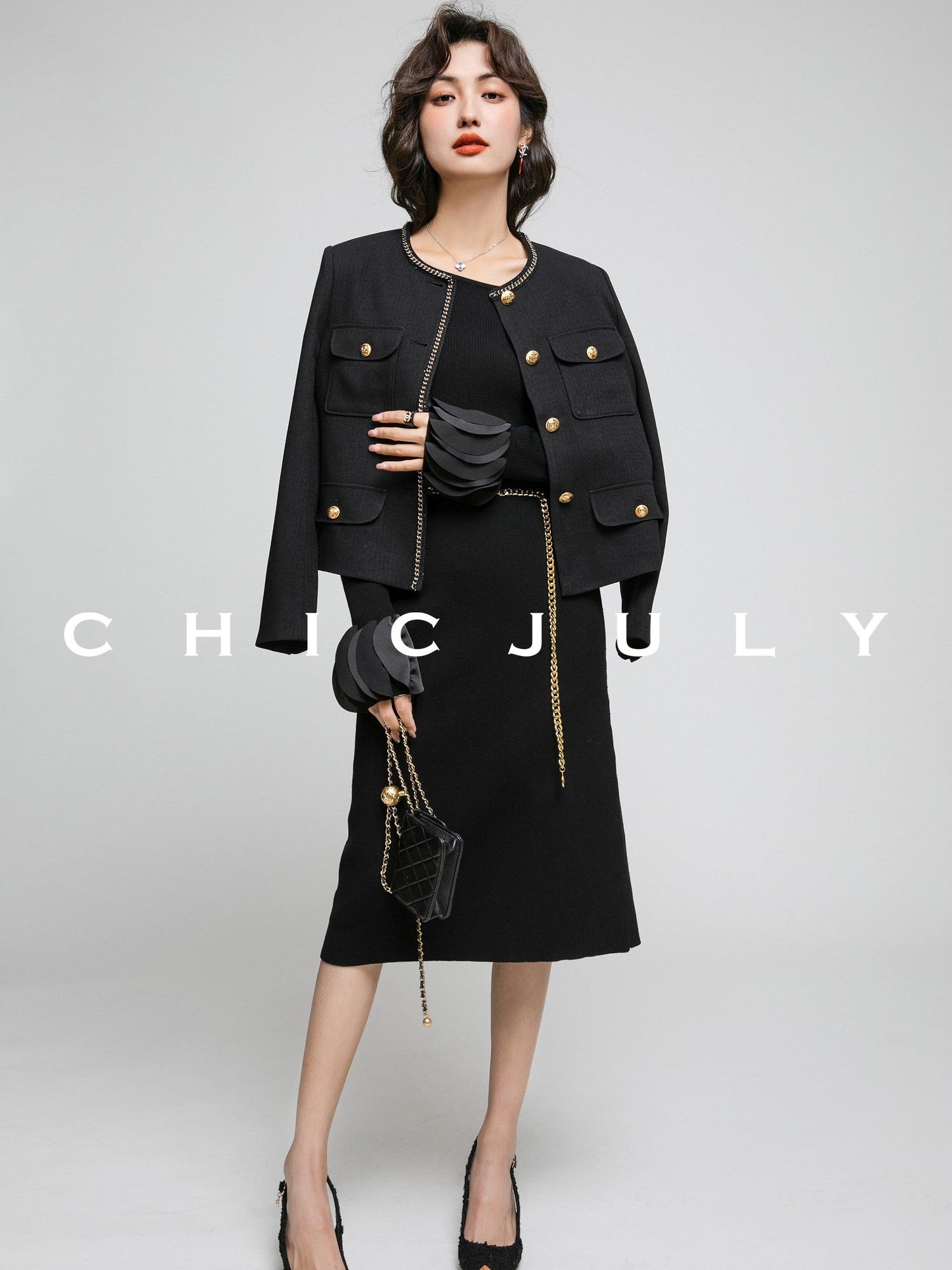 chicjuly White Tweed Inspired Buttoned Round Neck Women's Acetate Top & Skirt Sets