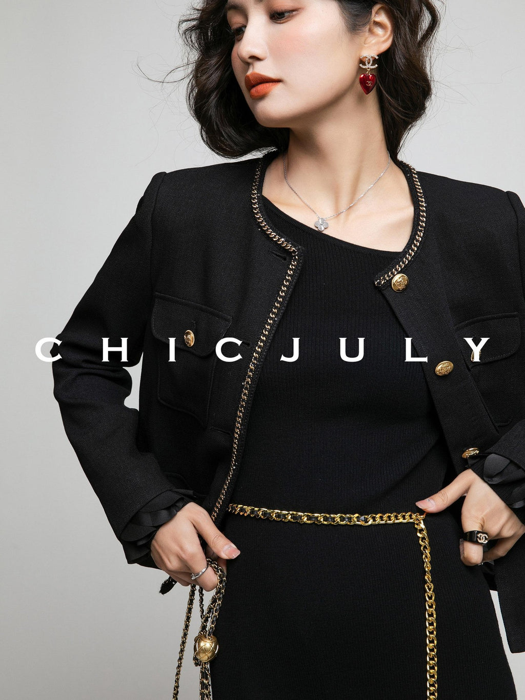chicjuly White Tweed Inspired Buttoned Round Neck Women's Acetate Top & Skirt Sets