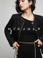 chicjuly White Tweed Inspired Buttoned Round Neck Women's Acetate Top & Skirt Sets