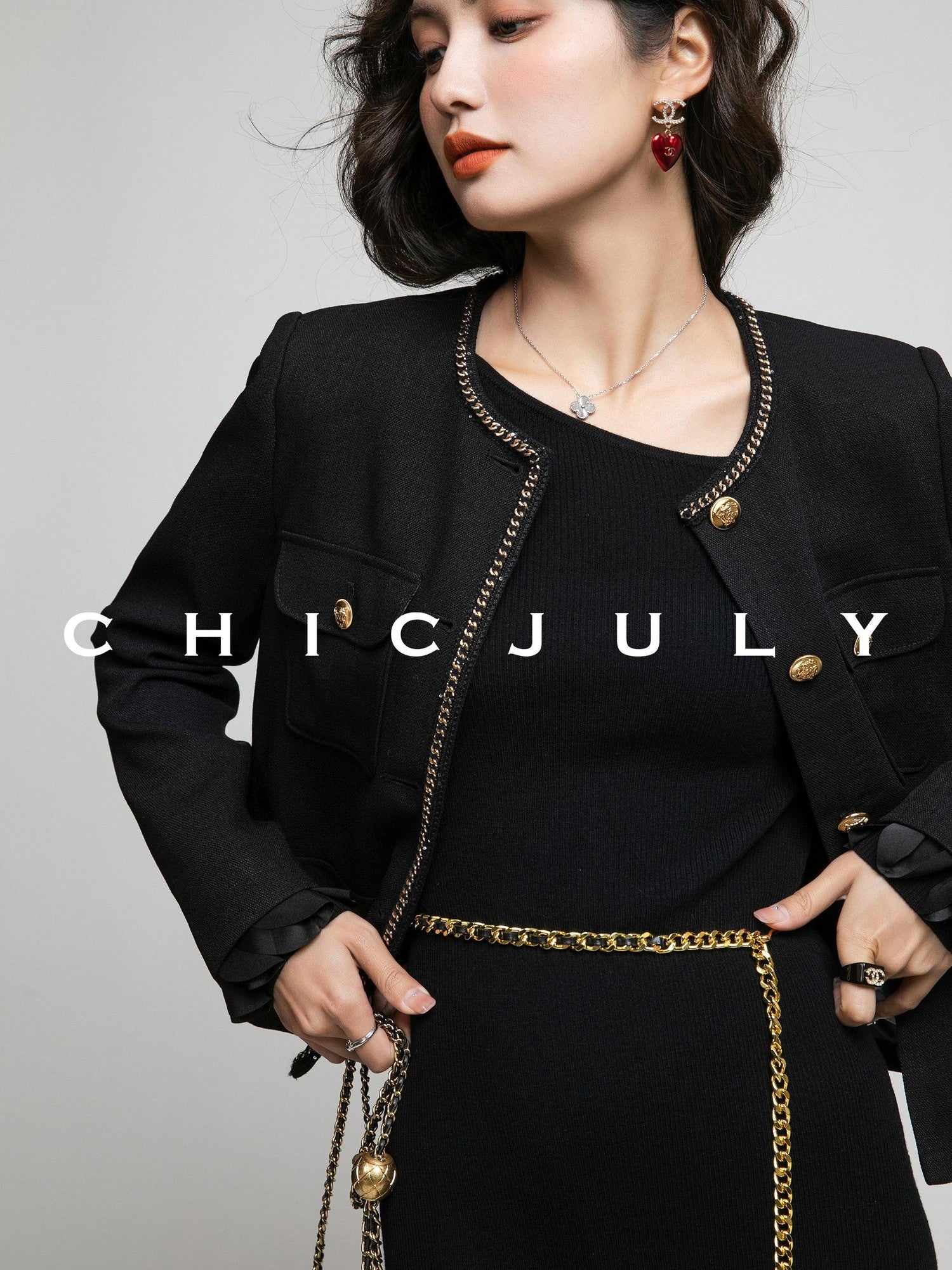 chicjuly White Tweed Inspired Buttoned Round Neck Women's Acetate Top & Skirt Sets