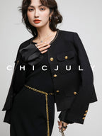 chicjuly White Tweed Inspired Buttoned Round Neck Women's Acetate Top & Skirt Sets