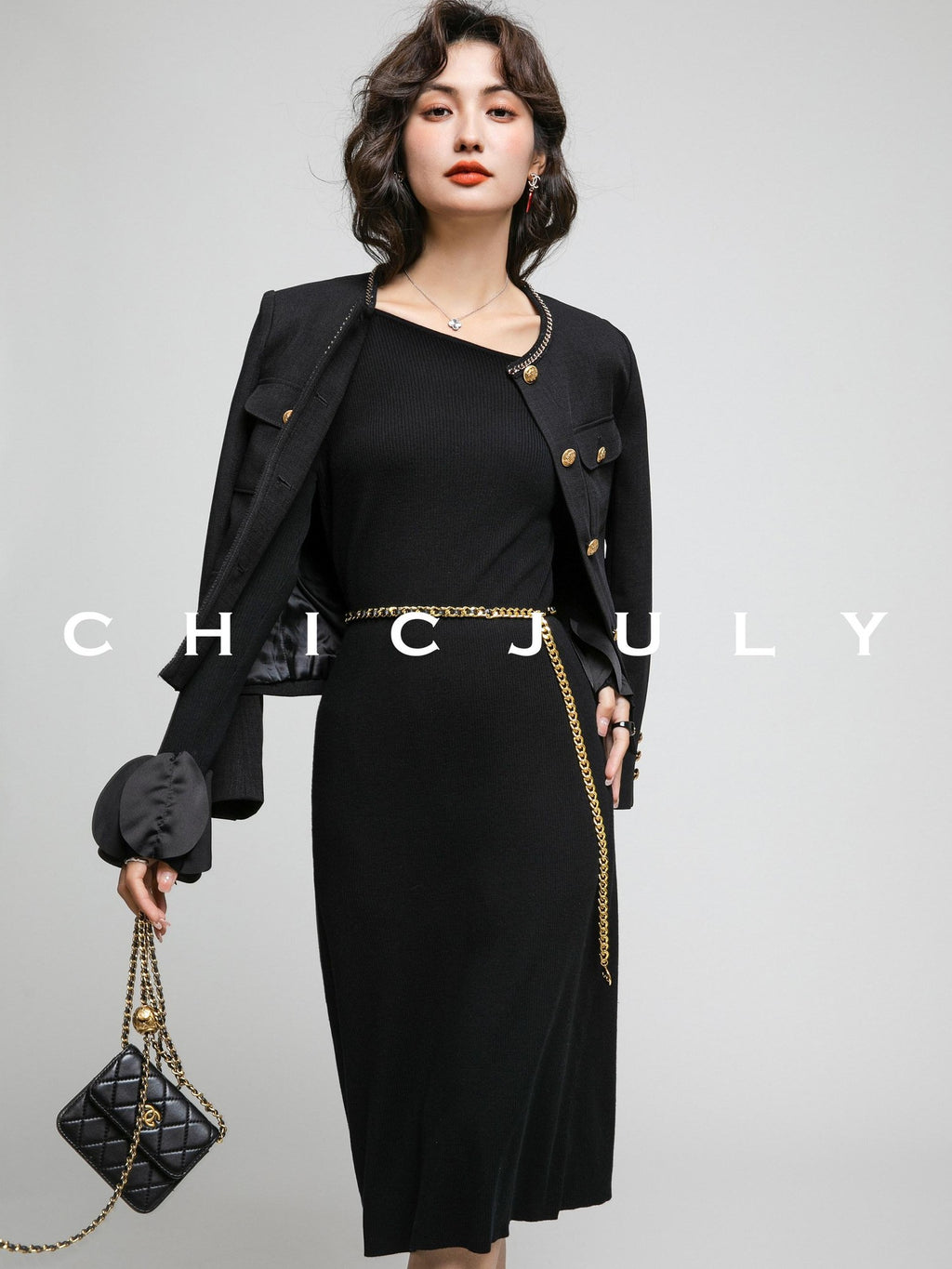 chicjuly White Tweed Inspired Buttoned Round Neck Women's Acetate Top & Skirt Sets