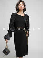 chicjuly White Tweed Inspired Buttoned Round Neck Women's Acetate Top & Skirt Sets