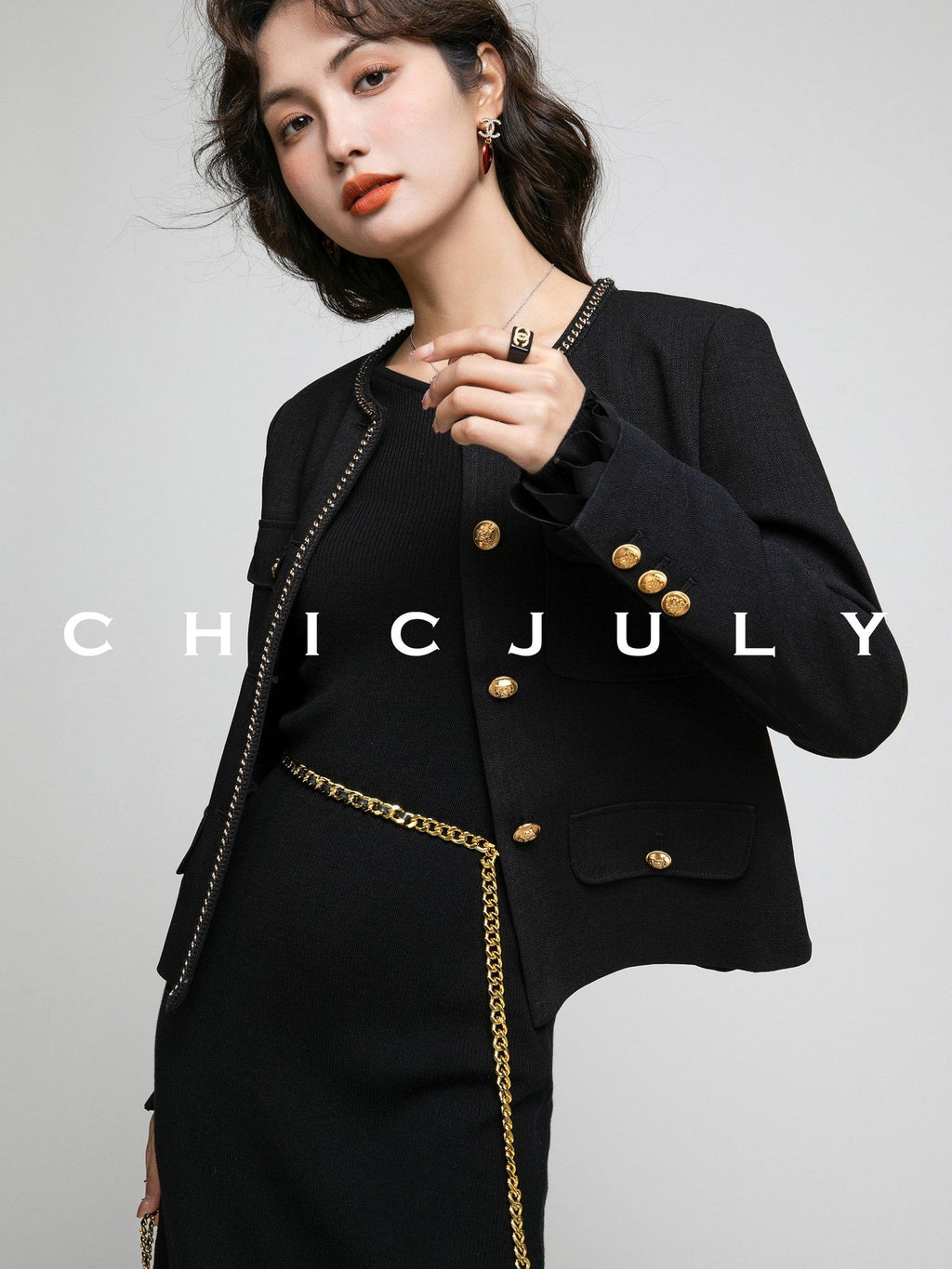 chicjuly White Tweed Inspired Buttoned Round Neck Women's Acetate Top & Skirt Sets