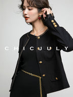 chicjuly White Tweed Inspired Buttoned Round Neck Women's Acetate Top & Skirt Sets