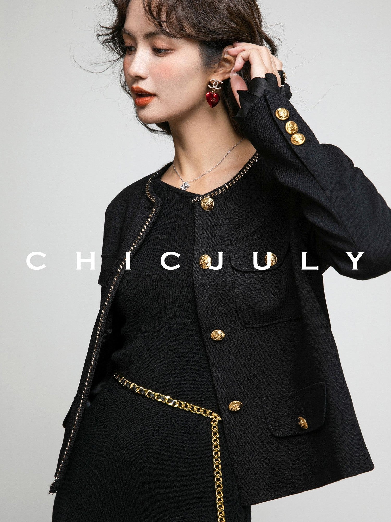 chicjuly White Tweed Inspired Buttoned Round Neck Women's Acetate Top & Skirt Sets