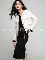 chicjuly White Tweed Inspired Buttoned Round Neck Women's Acetate Top & Skirt Sets