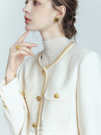 chicjuly White Tweed Inspired Buttoned Round Neck Women's Acetate Top & Skirt Sets