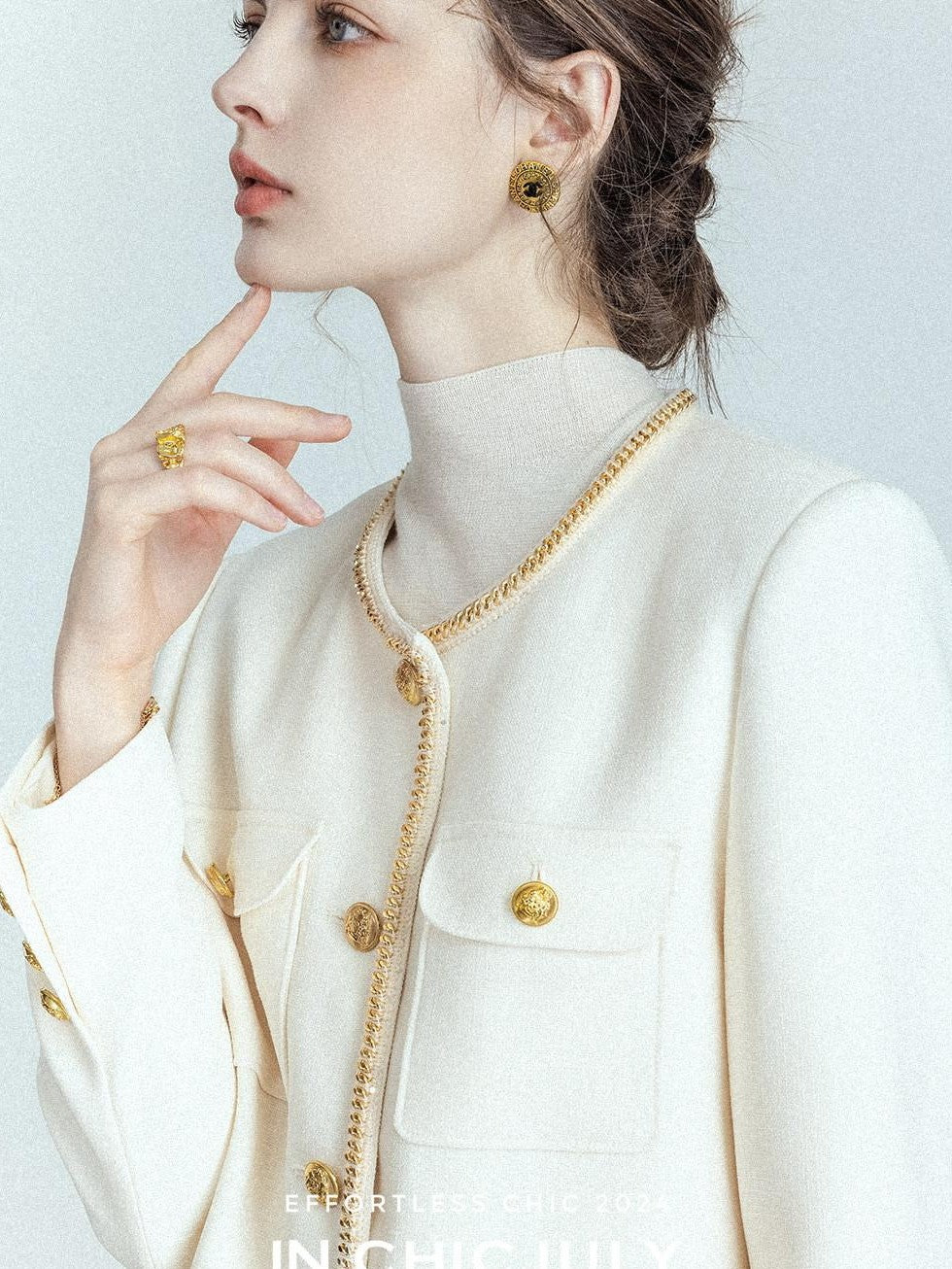 chicjuly White Tweed Inspired Buttoned Round Neck Women's Acetate Top & Skirt Sets