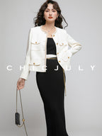chicjuly White Tweed Inspired Buttoned Round Neck Women's Acetate Top & Skirt Sets