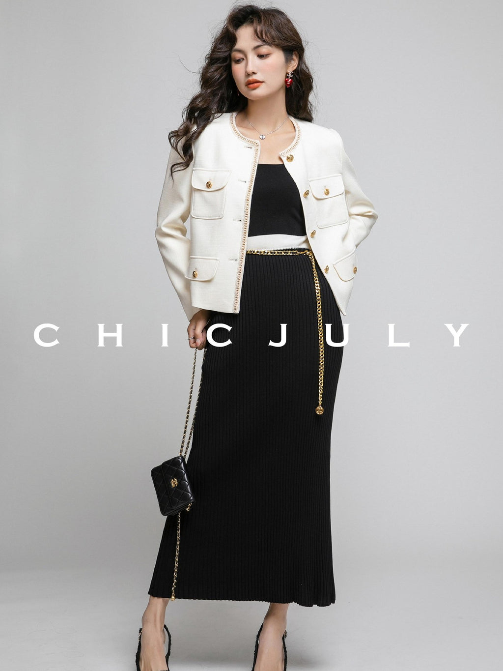 chicjuly White Tweed Inspired Buttoned Round Neck Women's Acetate Top & Skirt Sets
