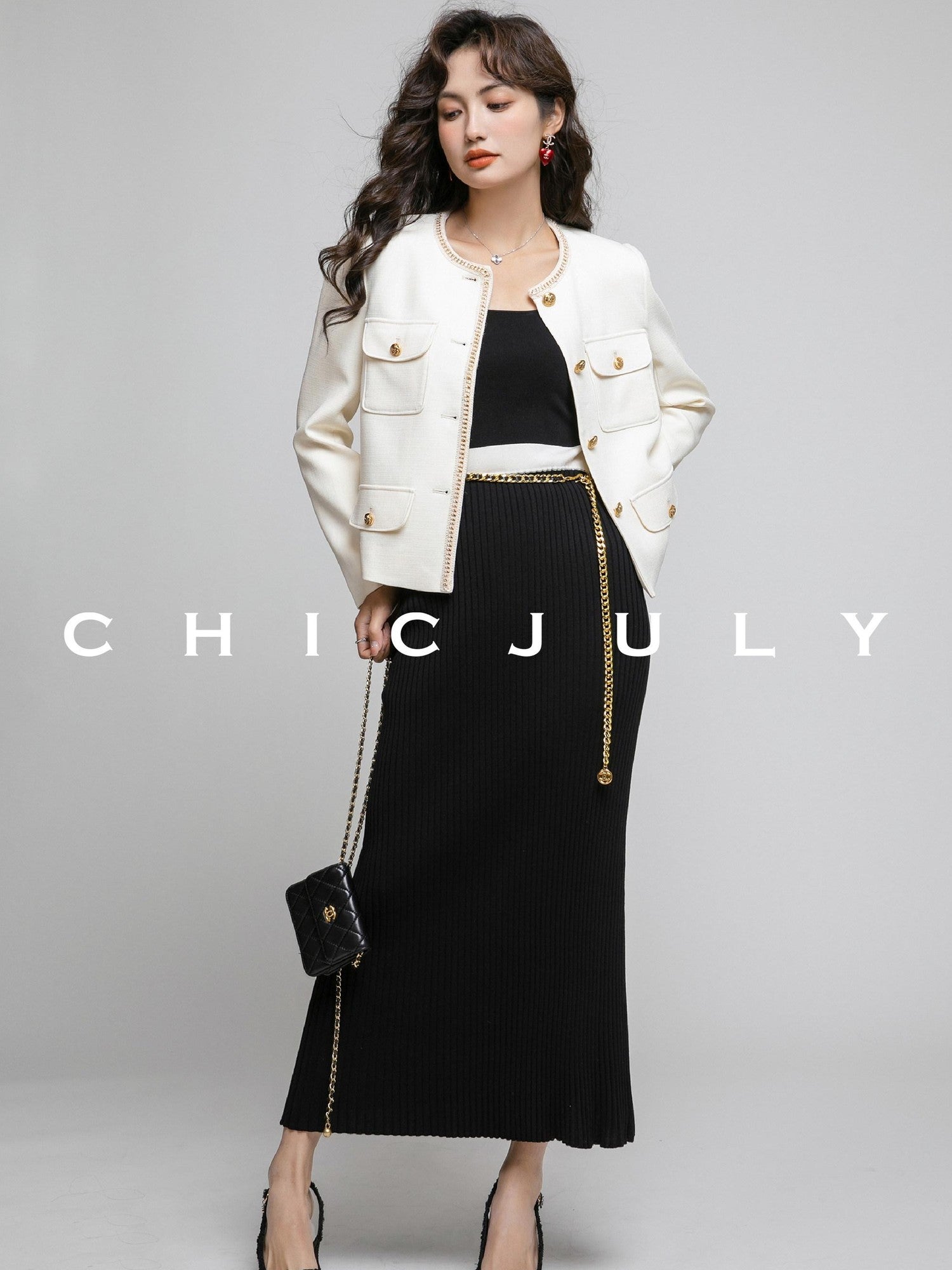 chicjuly White Tweed Inspired Buttoned Round Neck Women's Acetate Top & Skirt Sets