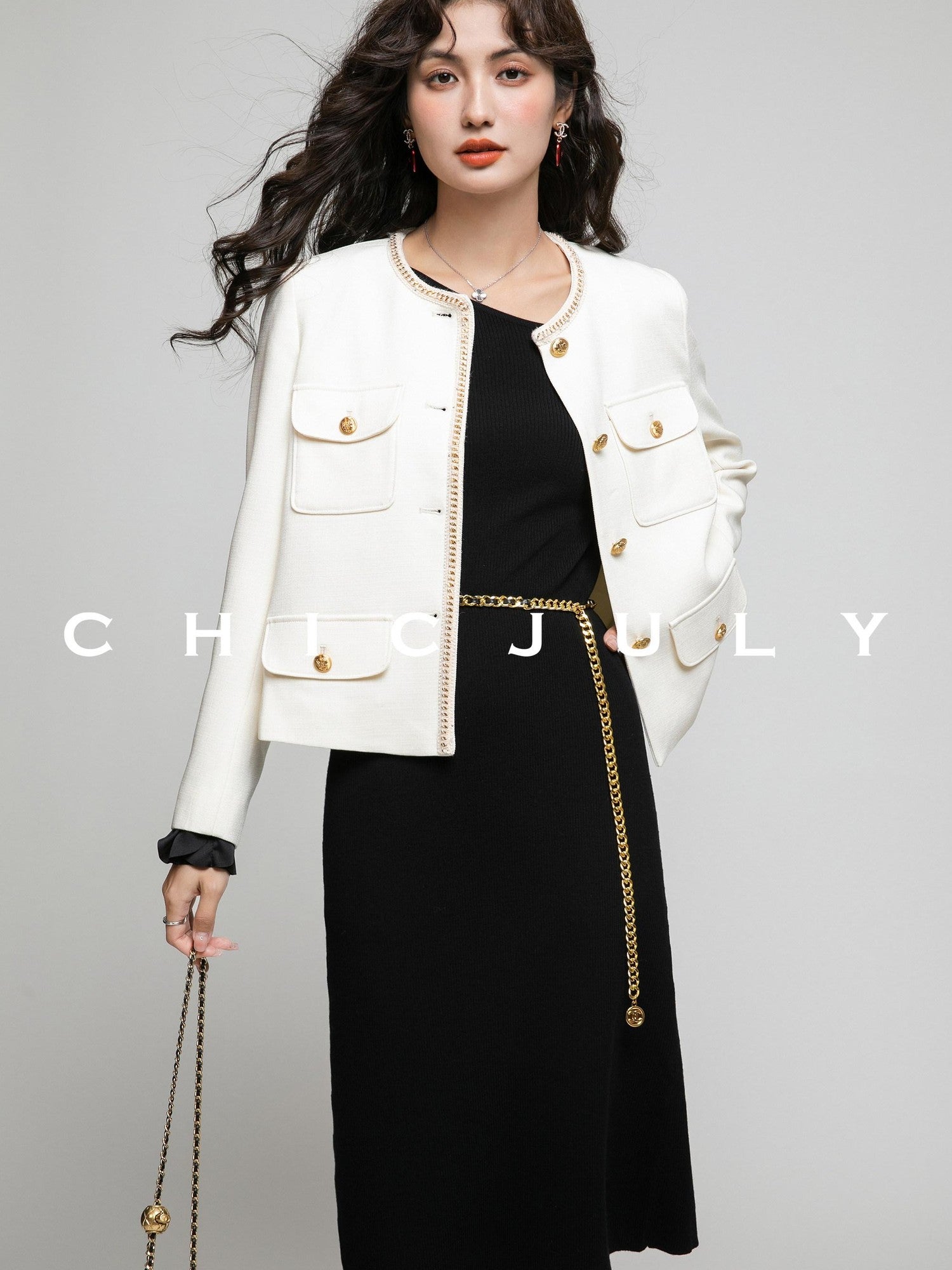chicjuly White Tweed Inspired Buttoned Round Neck Women's Acetate Top & Skirt Sets