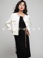 chicjuly White Tweed Inspired Buttoned Round Neck Women's Acetate Top & Skirt Sets