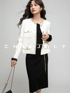 chicjuly White Tweed Inspired Buttoned Round Neck Women's Acetate Top & Skirt Sets