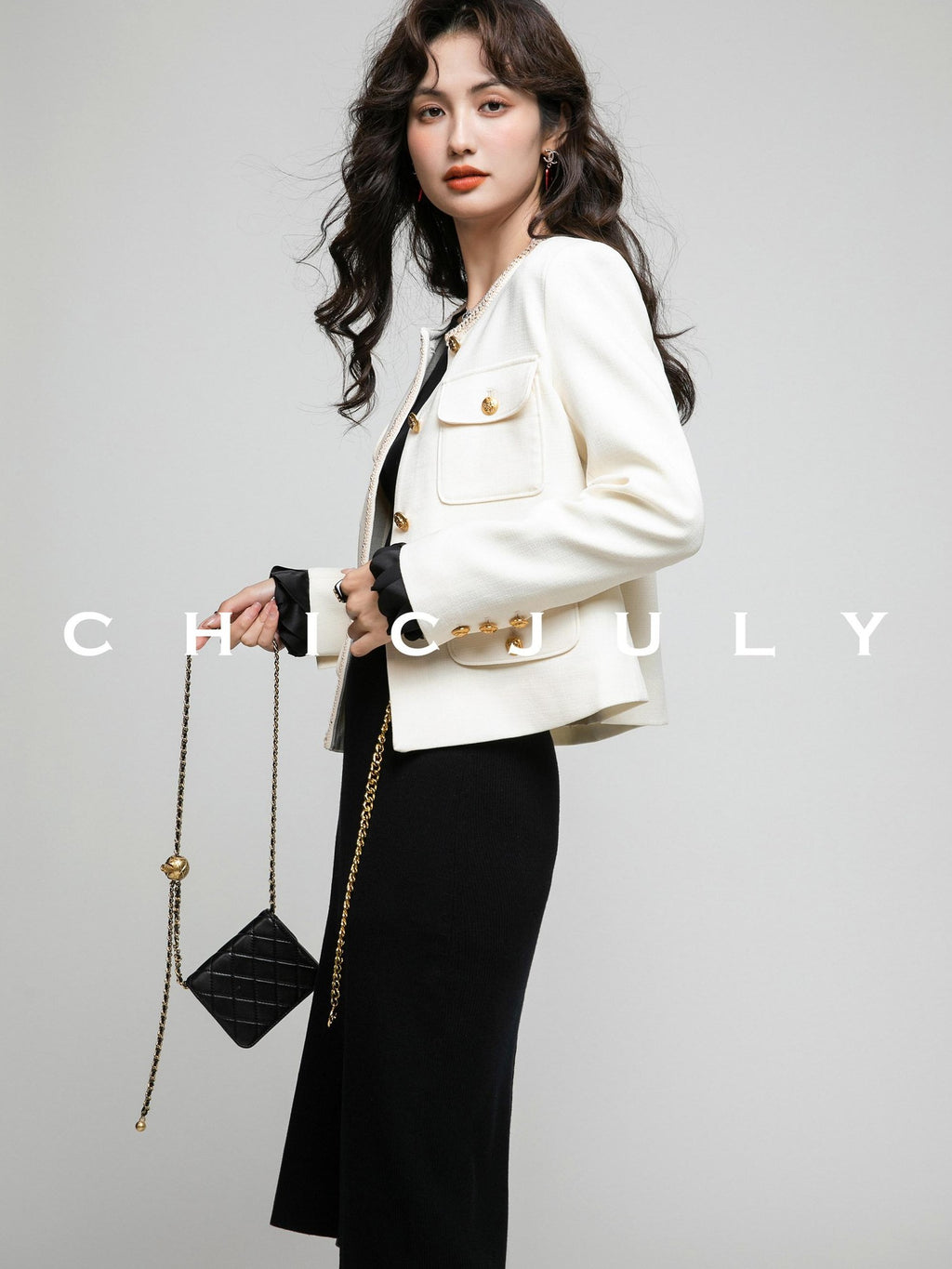 chicjuly White Tweed Inspired Buttoned Round Neck Women's Acetate Top & Skirt Sets