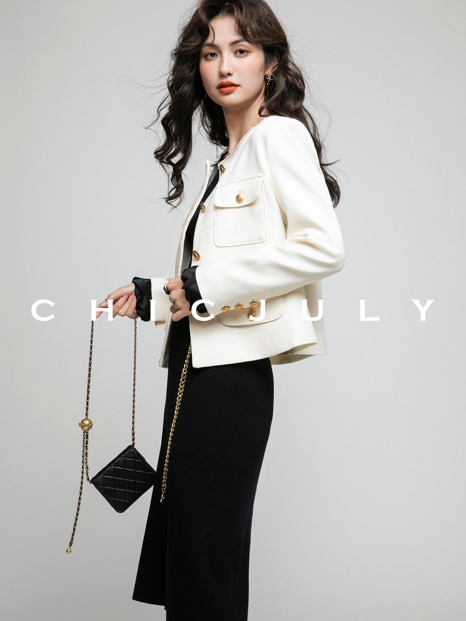 chicjuly White Tweed Inspired Buttoned Round Neck Women's Acetate Top & Skirt Sets