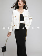 chicjuly White Tweed Inspired Buttoned Round Neck Women's Acetate Top & Skirt Sets