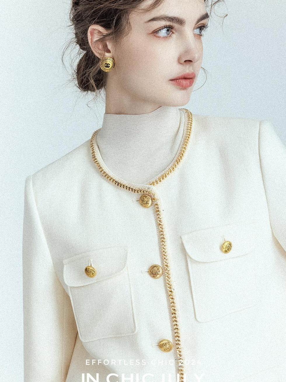 chicjuly White Tweed Inspired Buttoned Round Neck Women's Acetate Top & Skirt Sets