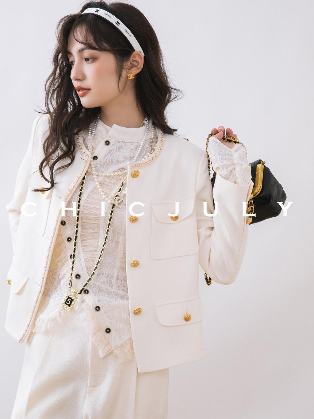 chicjuly White Tweed Inspired Buttoned Round Neck Women's Acetate Top & Skirt Sets