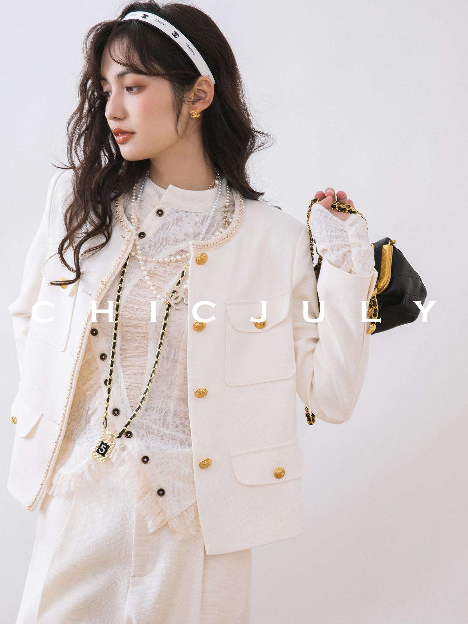 chicjuly White Tweed Inspired Buttoned Round Neck Women's Acetate Top & Skirt Sets