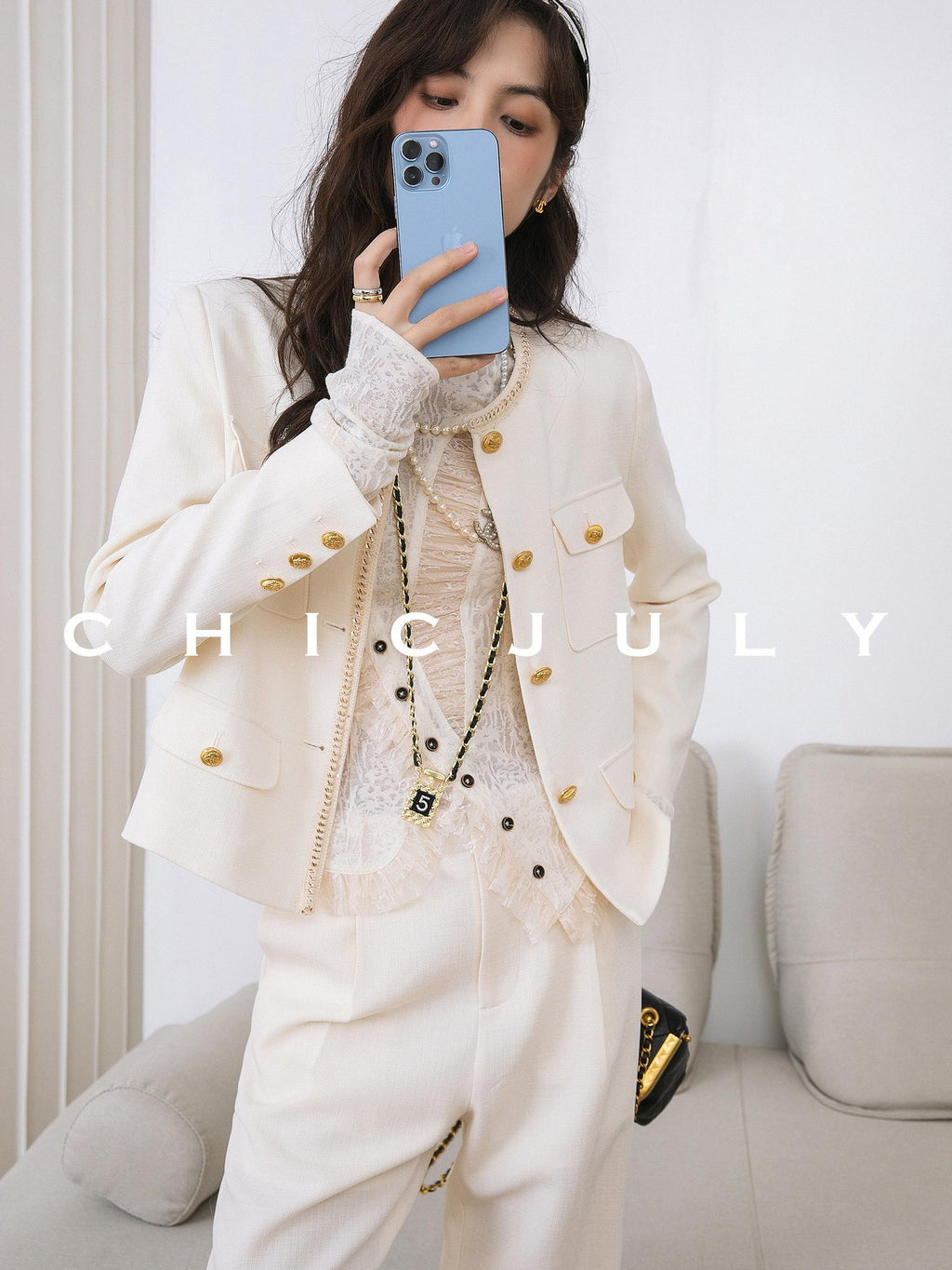chicjuly White Tweed Inspired Buttoned Round Neck Women's Acetate Top & Skirt Sets