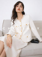 chicjuly White Tweed Inspired Buttoned Round Neck Women's Acetate Top & Skirt Sets