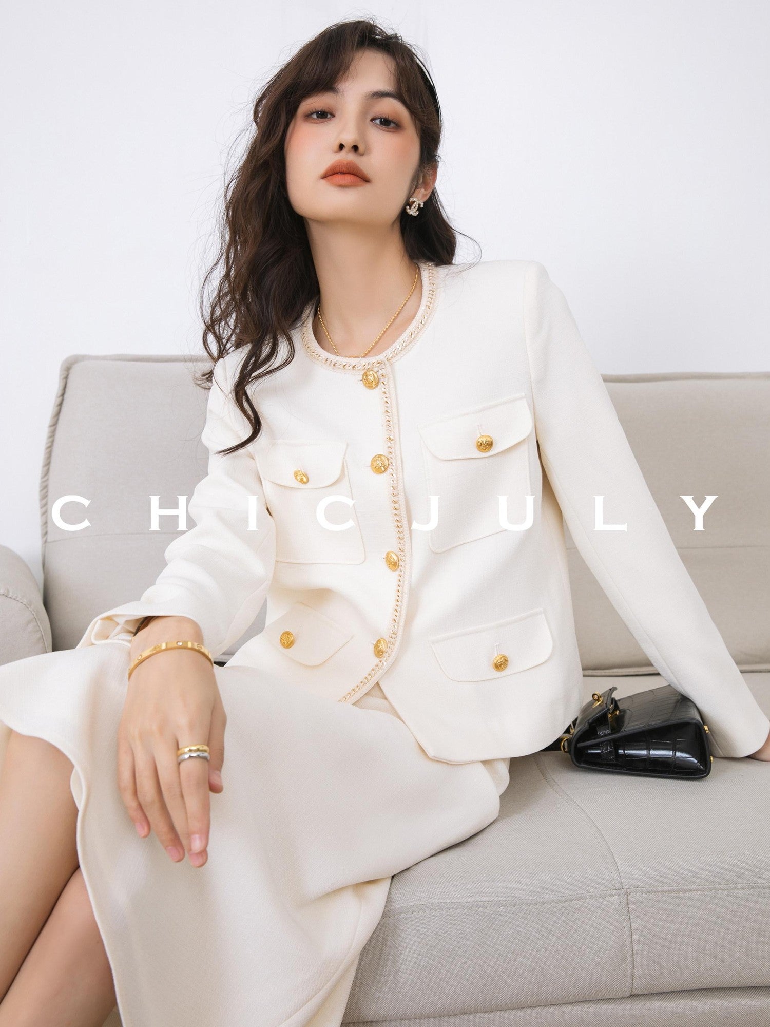 chicjuly White Tweed Inspired Buttoned Round Neck Women's Acetate Top & Skirt Sets