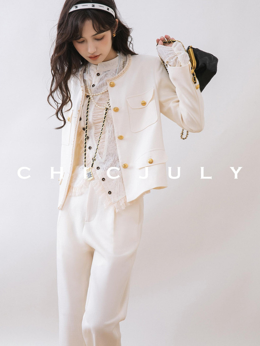 chicjuly White Tweed Inspired Buttoned Round Neck Women's Acetate Top & Skirt Sets