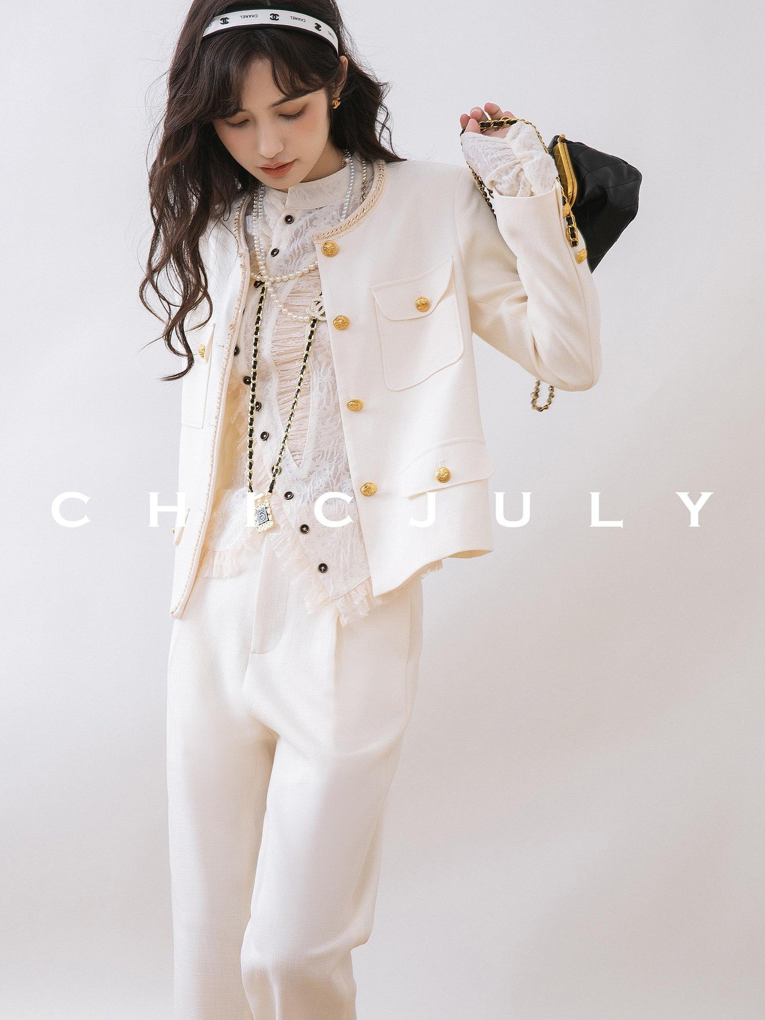 chicjuly White Tweed Inspired Buttoned Round Neck Women's Acetate Top & Skirt Sets