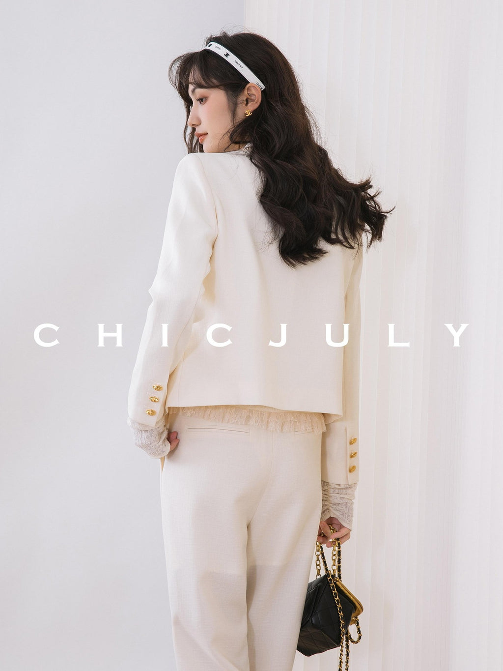 chicjuly White Tweed Inspired Buttoned Round Neck Women's Acetate Top & Skirt Sets