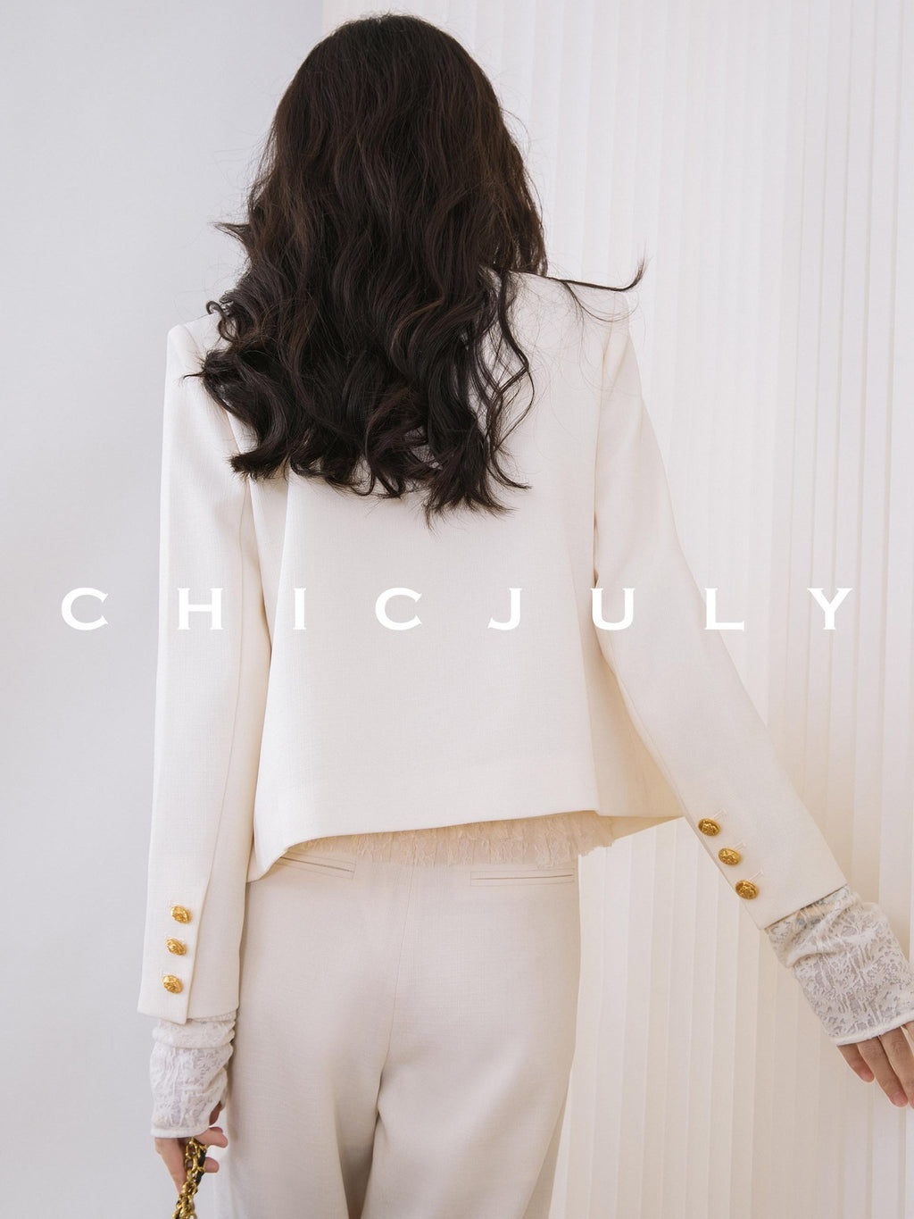 chicjuly White Tweed Inspired Buttoned Round Neck Women's Acetate Top & Skirt Sets