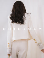 chicjuly White Tweed Inspired Buttoned Round Neck Women's Acetate Top & Skirt Sets