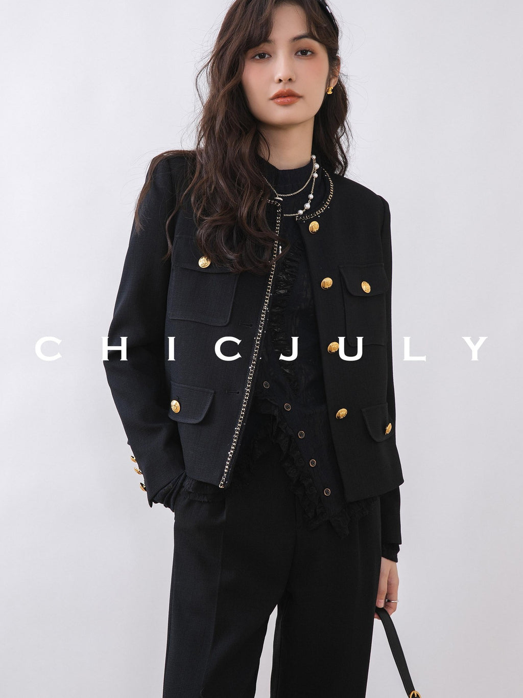 chicjuly White Tweed Inspired Buttoned Round Neck Women's Acetate Top & Skirt Sets