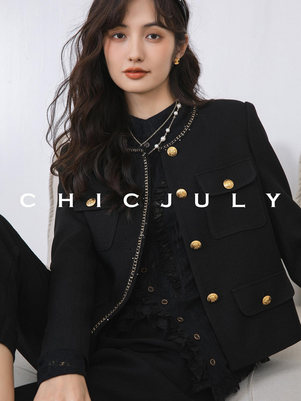 chicjuly White Tweed Inspired Buttoned Round Neck Women's Acetate Top & Skirt Sets