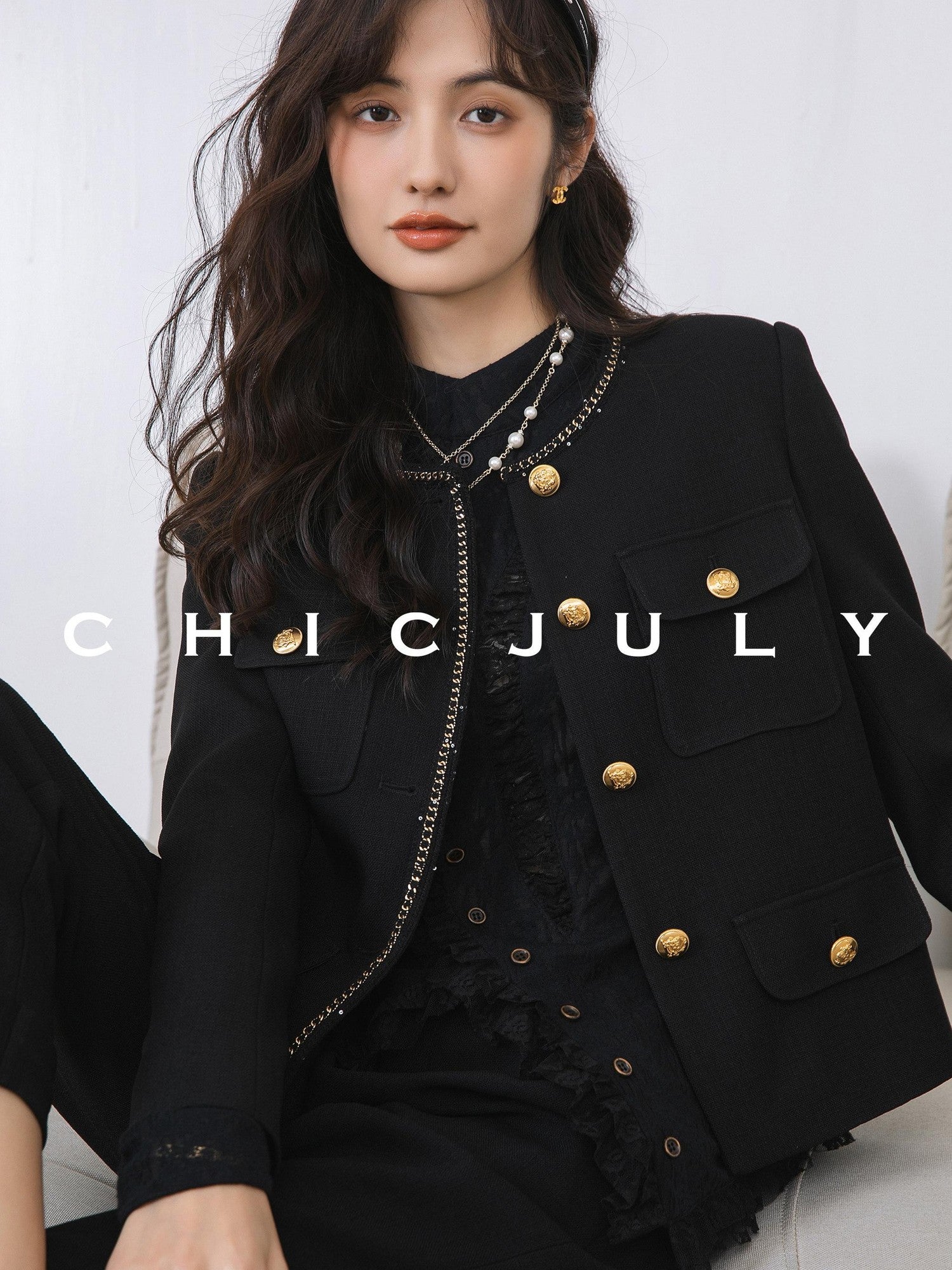 chicjuly White Tweed Inspired Buttoned Round Neck Women's Acetate Top & Skirt Sets