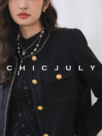chicjuly White Tweed Inspired Buttoned Round Neck Women's Acetate Top & Skirt Sets