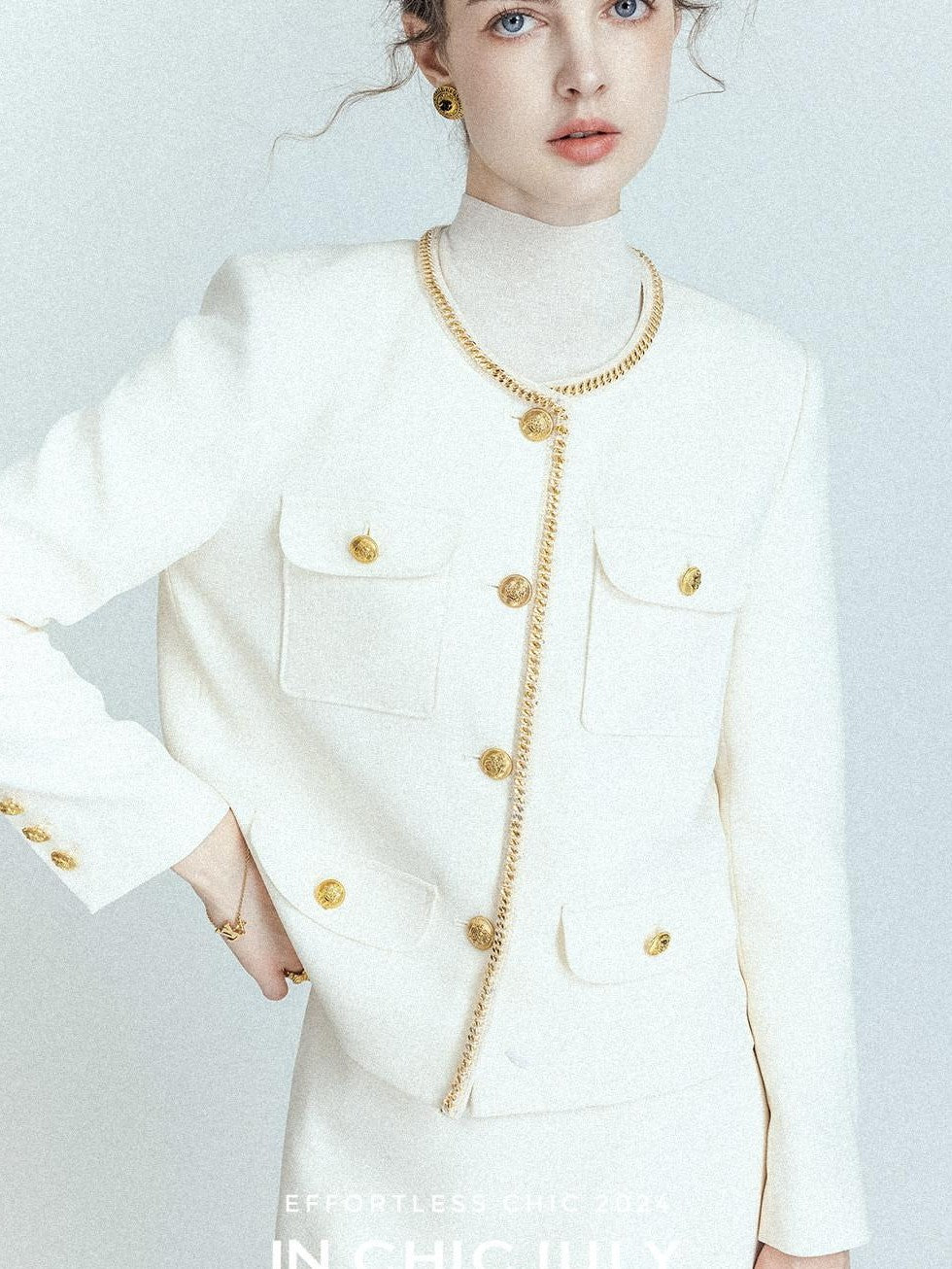 chicjuly White Tweed Inspired Buttoned Round Neck Women's Acetate Top & Skirt Sets