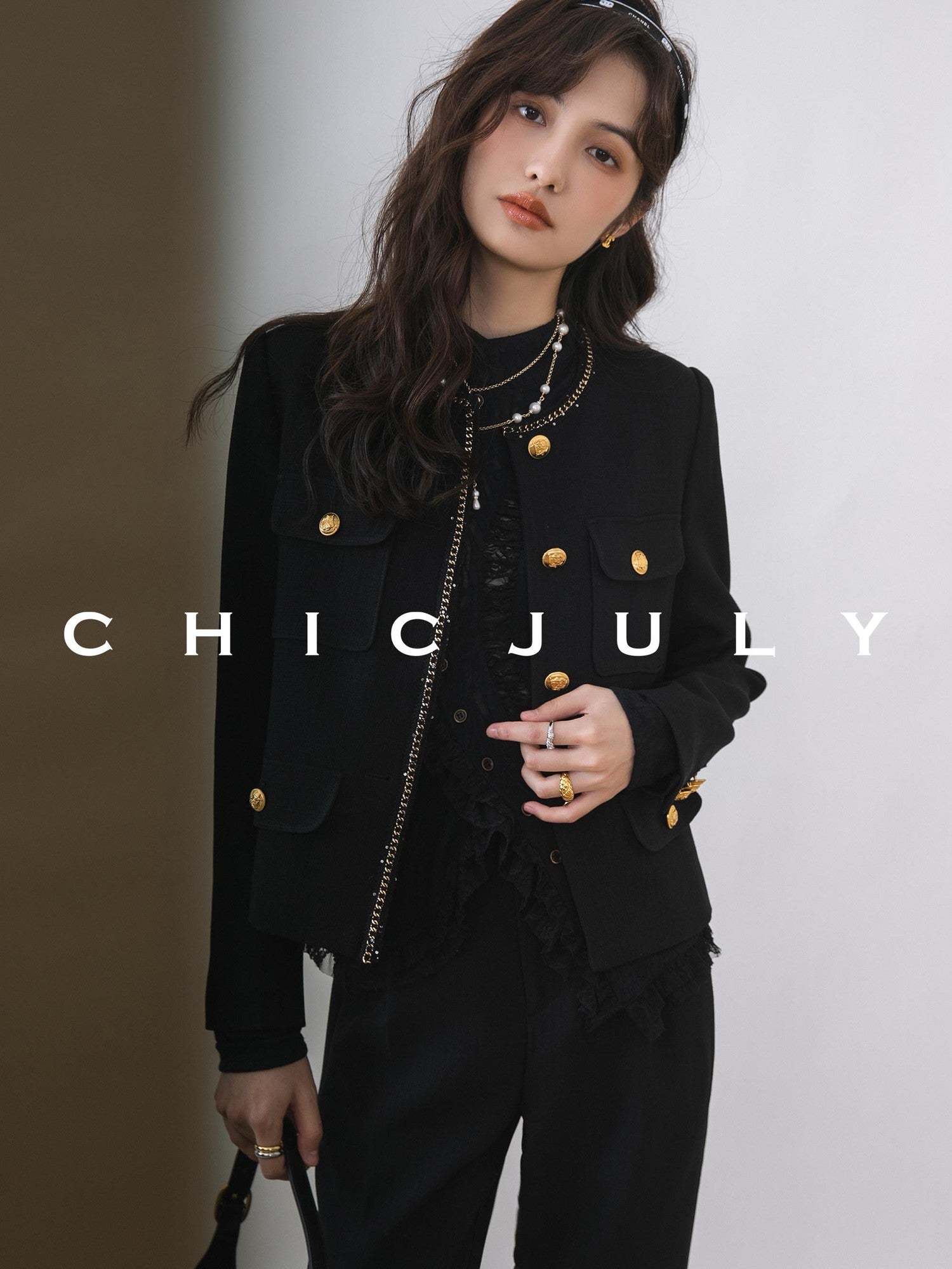 chicjuly White Tweed Inspired Buttoned Round Neck Women's Acetate Top & Skirt Sets