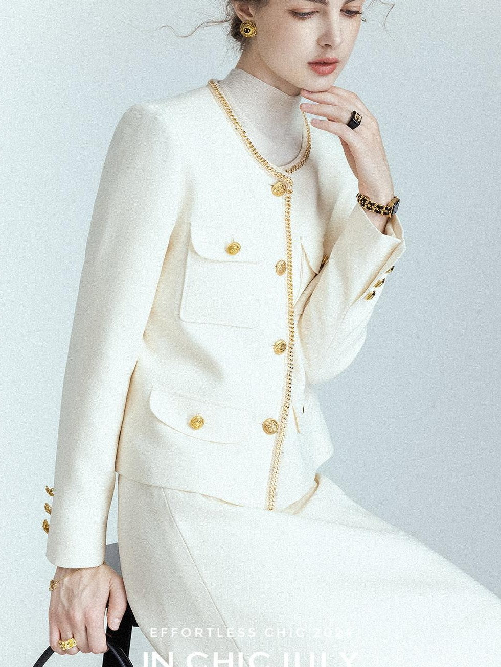 chicjuly White Tweed Inspired Buttoned Round Neck Women's Acetate Top & Skirt Sets