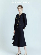 chicjuly White Tweed Inspired Buttoned Round Neck Women's Acetate Top & Skirt Sets