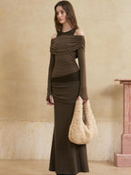 someonesometimes Flattering Mermaid Slim Fit Mid Rise Mocha Brown Knit Viscose Women Maxi Skirts