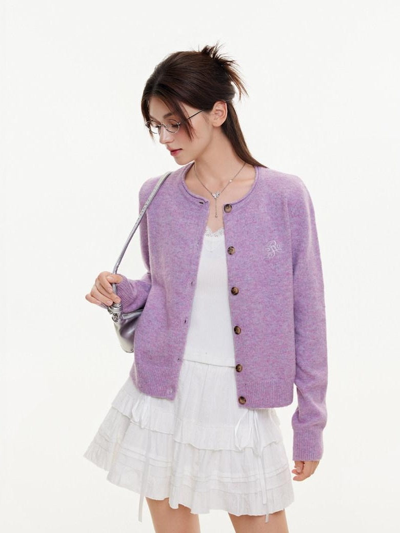 ikyou Eco Recycled Warm Commuter Loose Embroidered Knit Long Sleeve Purple Cardigans
