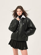 ikyou Thick Pu Minimal Commuter Straight Fit Stand Collar Black Leather Jackets