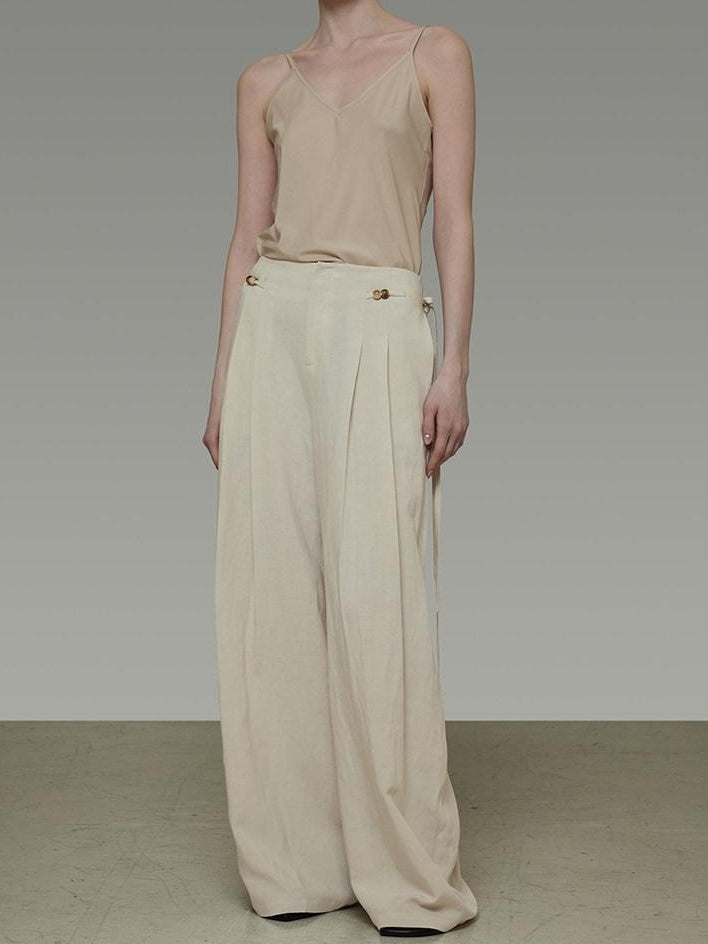 unspoken High Waisted Lyocell Linen Pleated Tie Waist Office Casual Wide Leg Pants