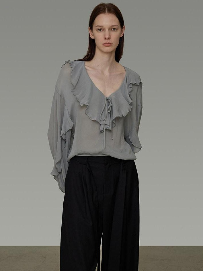 unspoken Breathable V-neck Ruffle Loose Fit Commuter Workwear Women Blue Pullover Blouses