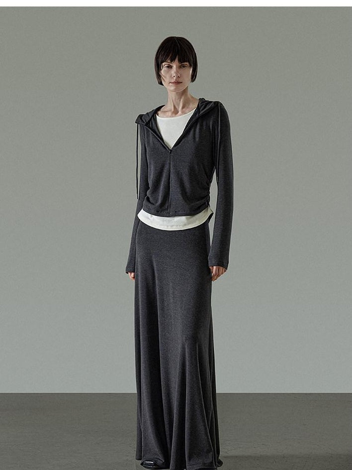 unspoken Soft Viscose Two Piece Hooded Zip Up Loose Minimal Female Deep Gray Lounge Sets
