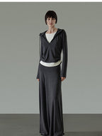 unspoken Soft Viscose Two Piece Hooded Zip Up Loose Minimal Female Deep Gray Lounge Sets