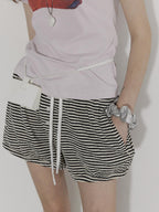 Lofi choose High Waist Relaxed Fit Women Office Commuter Black Apricot Striped Mini Shorts