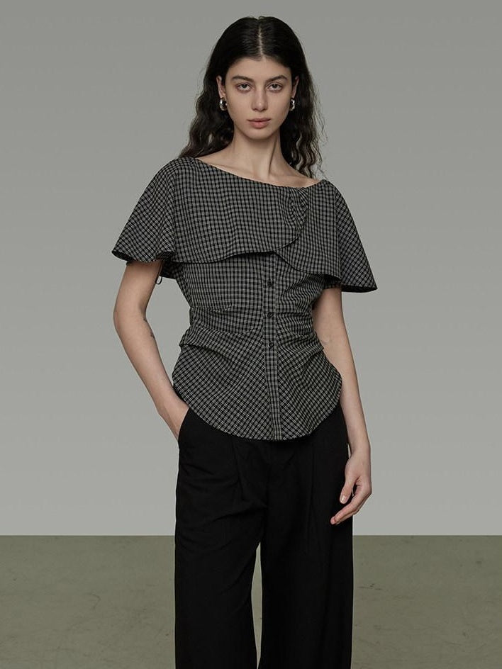 unspoken Breathable Minimal Loose Ruffle Boatneck Women Plaid Button Short Sleeve Blouses